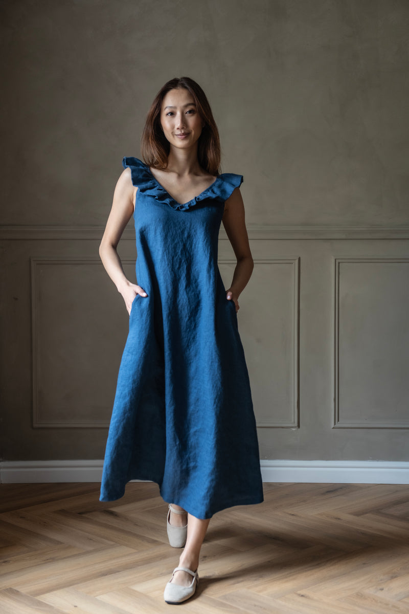 cotton and linen ruffled chest strap dress Ruffle Straps Dress: GAIA – Linen Fairytales Psychedelic Tight Waist Gown Color:RUST RED Made from lightweight linen