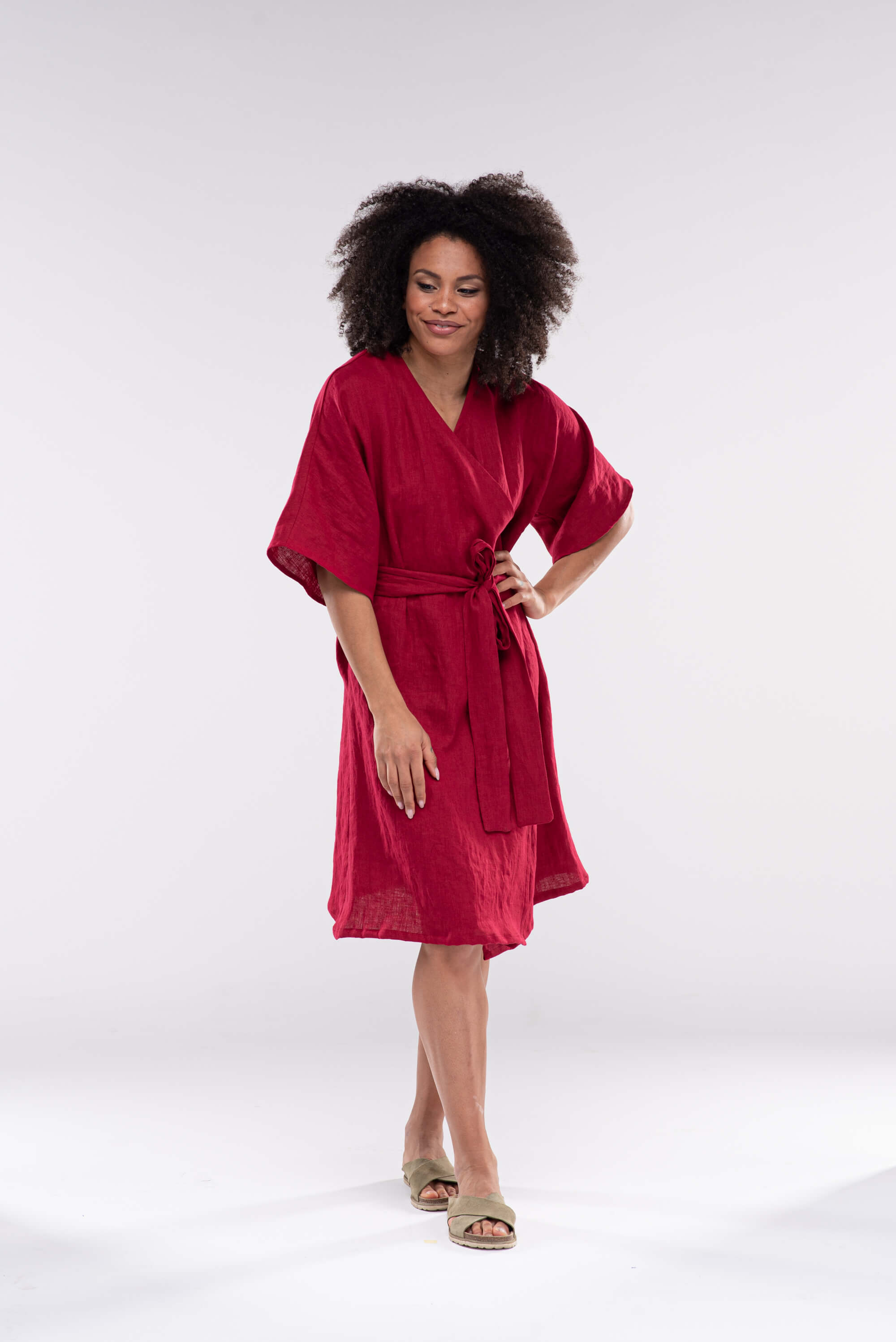 Burgundy Red Linen Midi Dress CHLOE