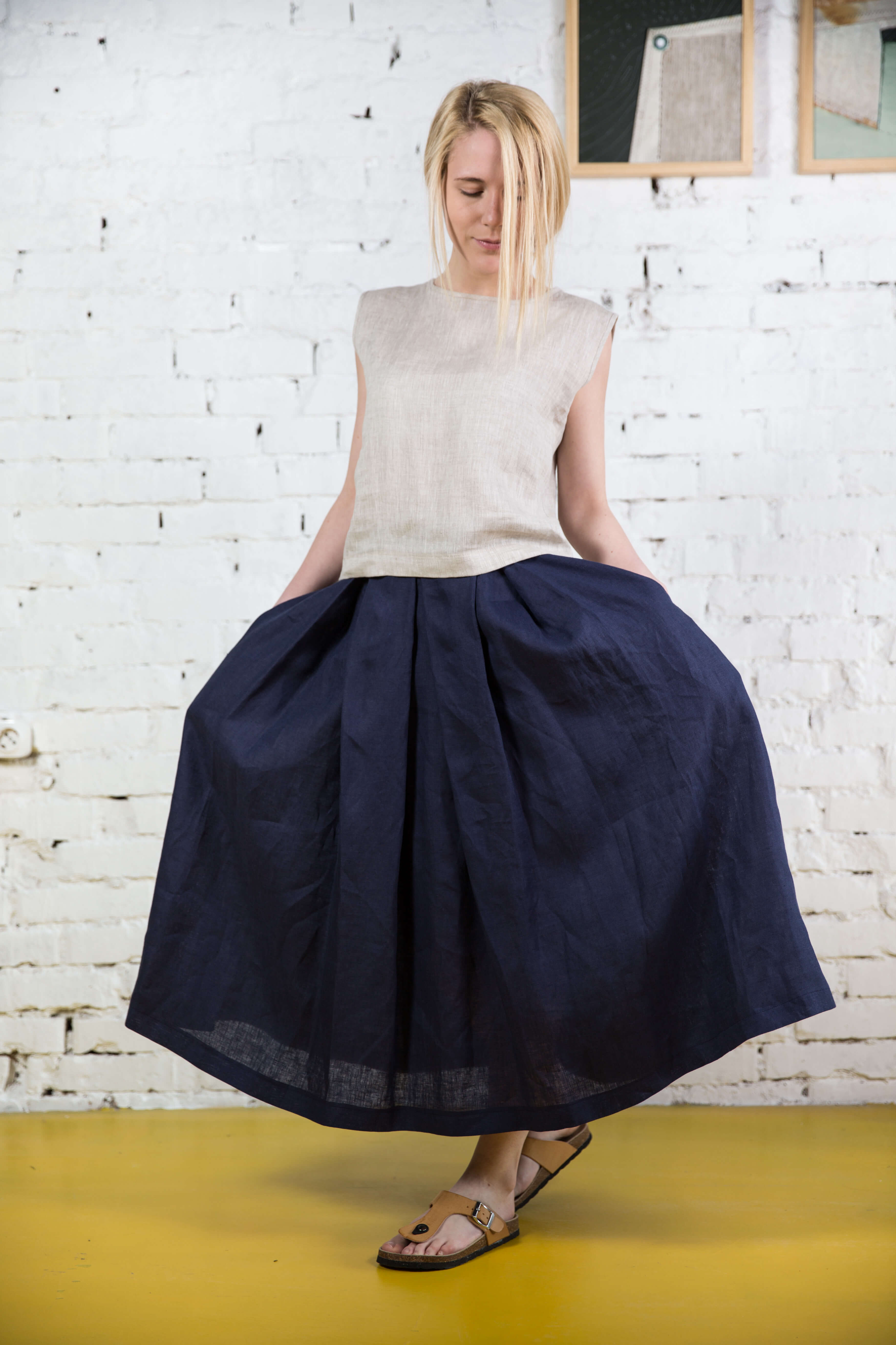 Dark Blue Linen Maxi Skirt CYRENA