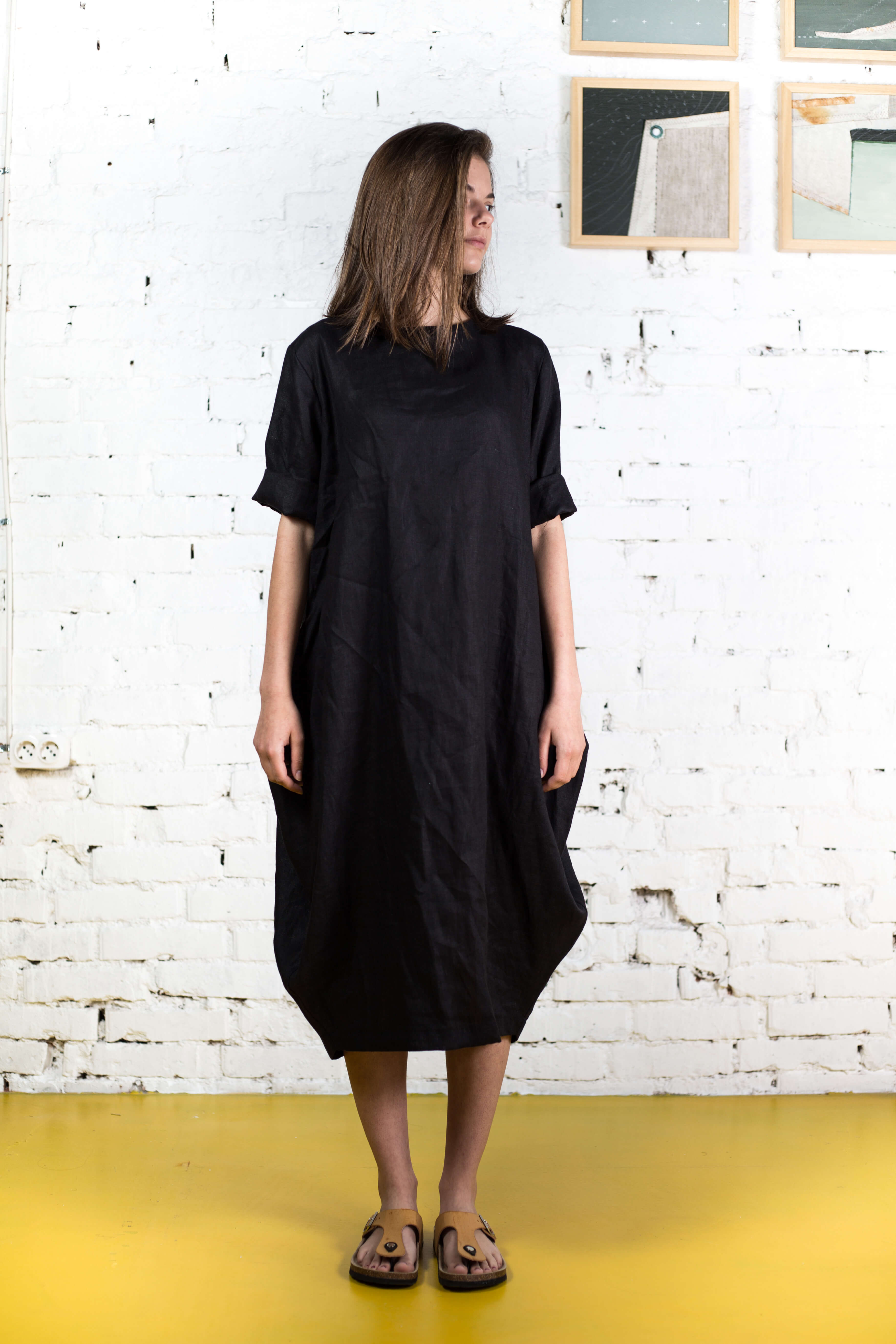 Black Linen Midi Dress ANNA