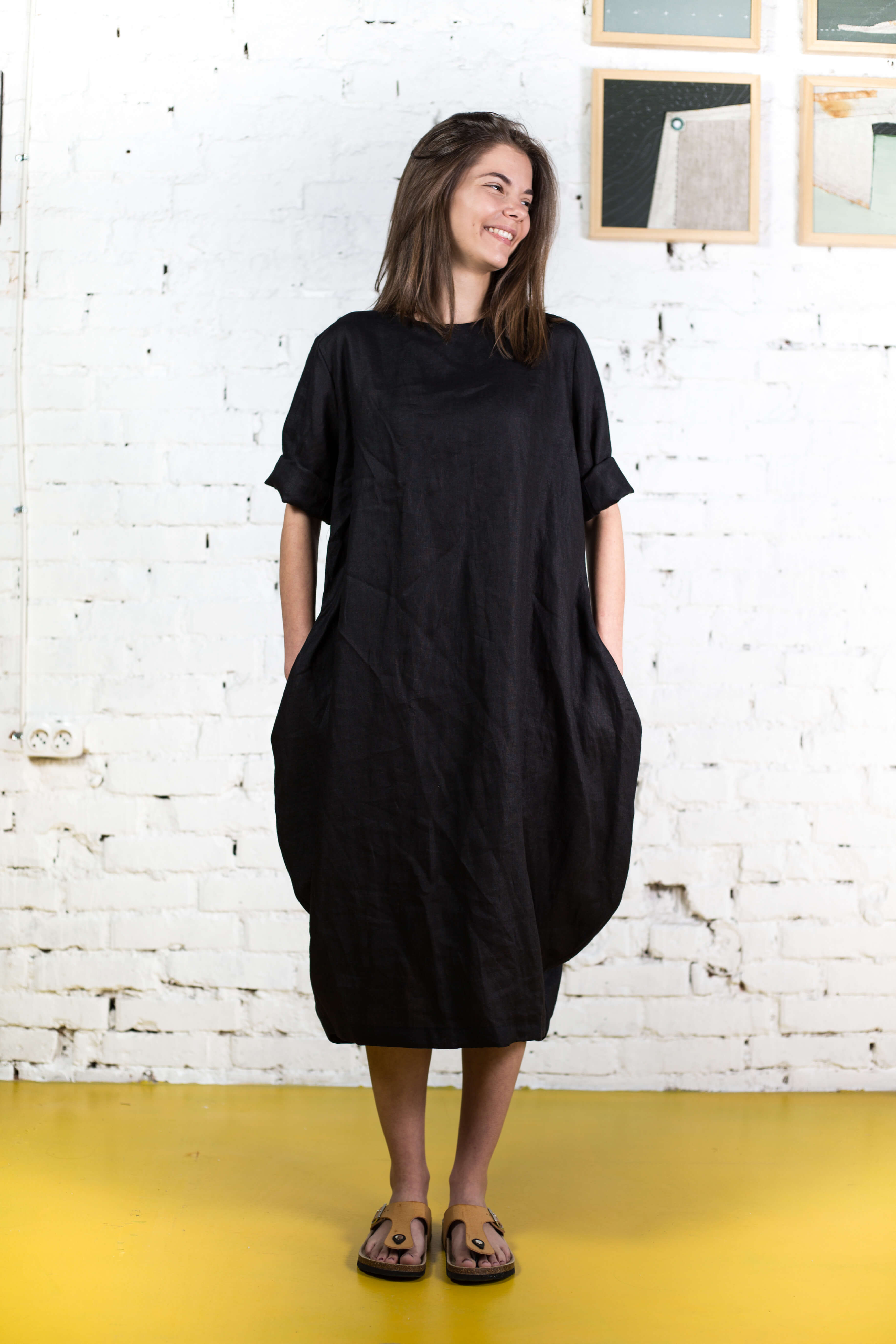 Black Linen Midi Dress ANNA