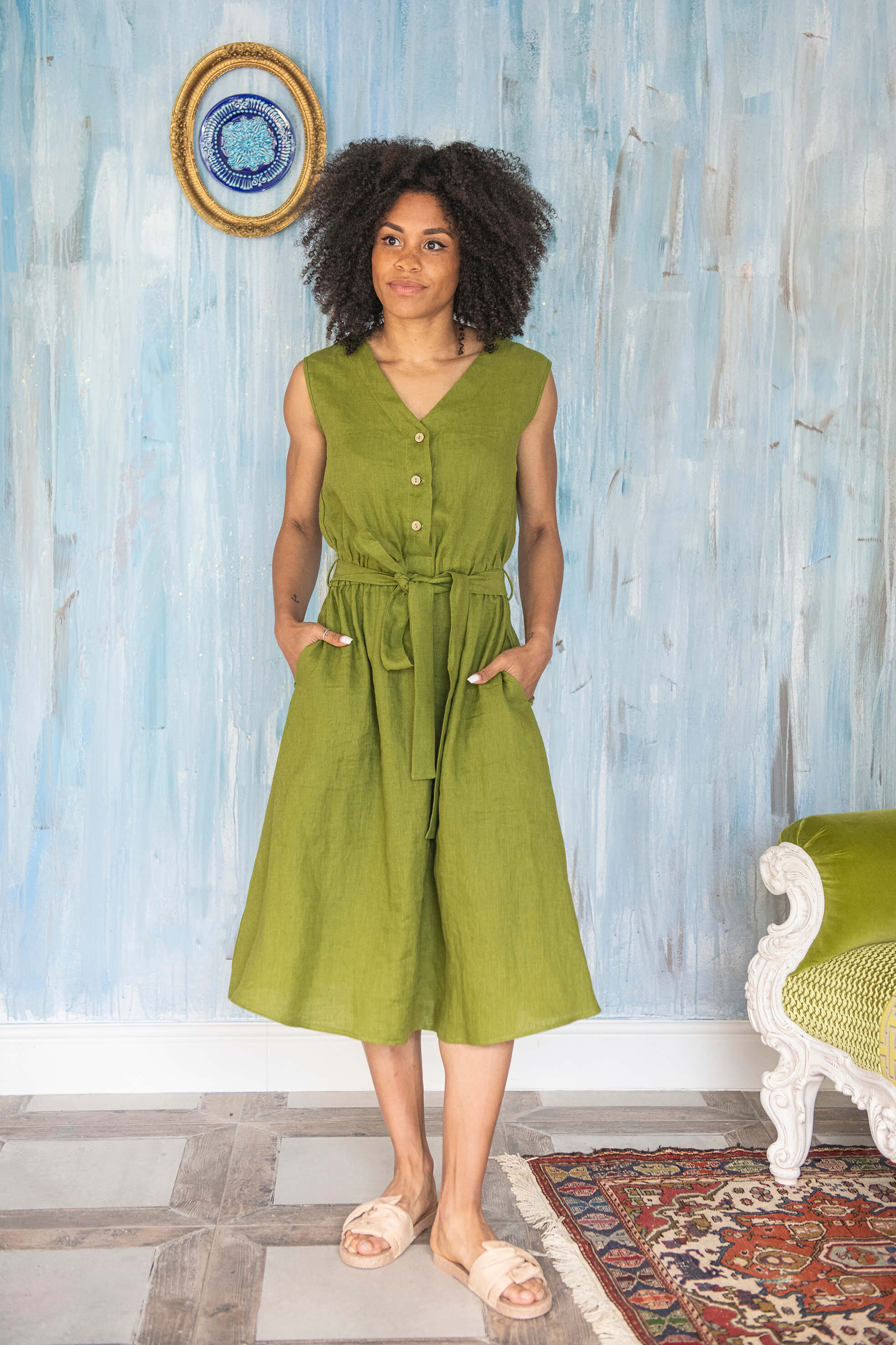 Moss Green Linen Midi Dress BEATRICE