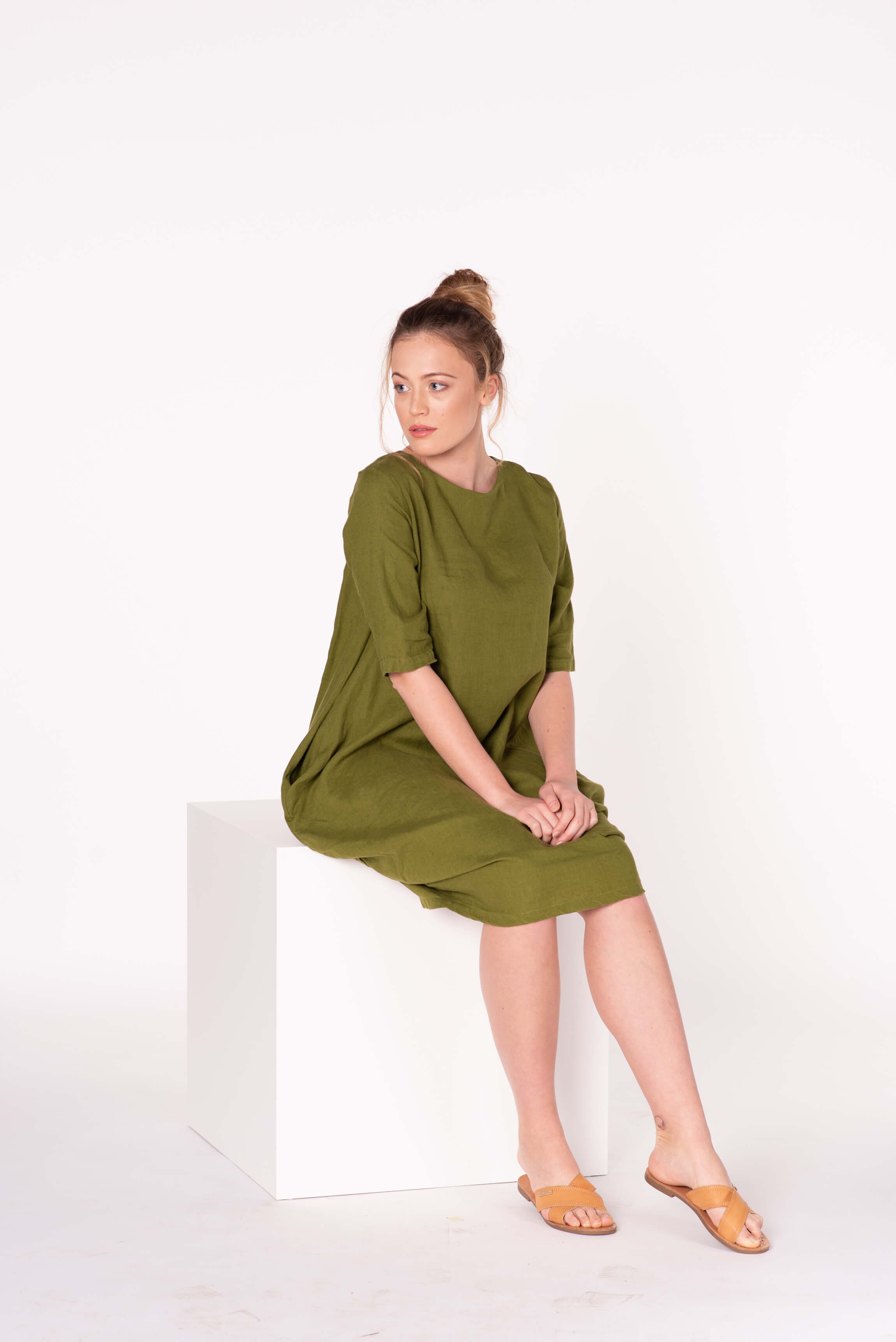Moss Green Linen Midi Dress ANNA