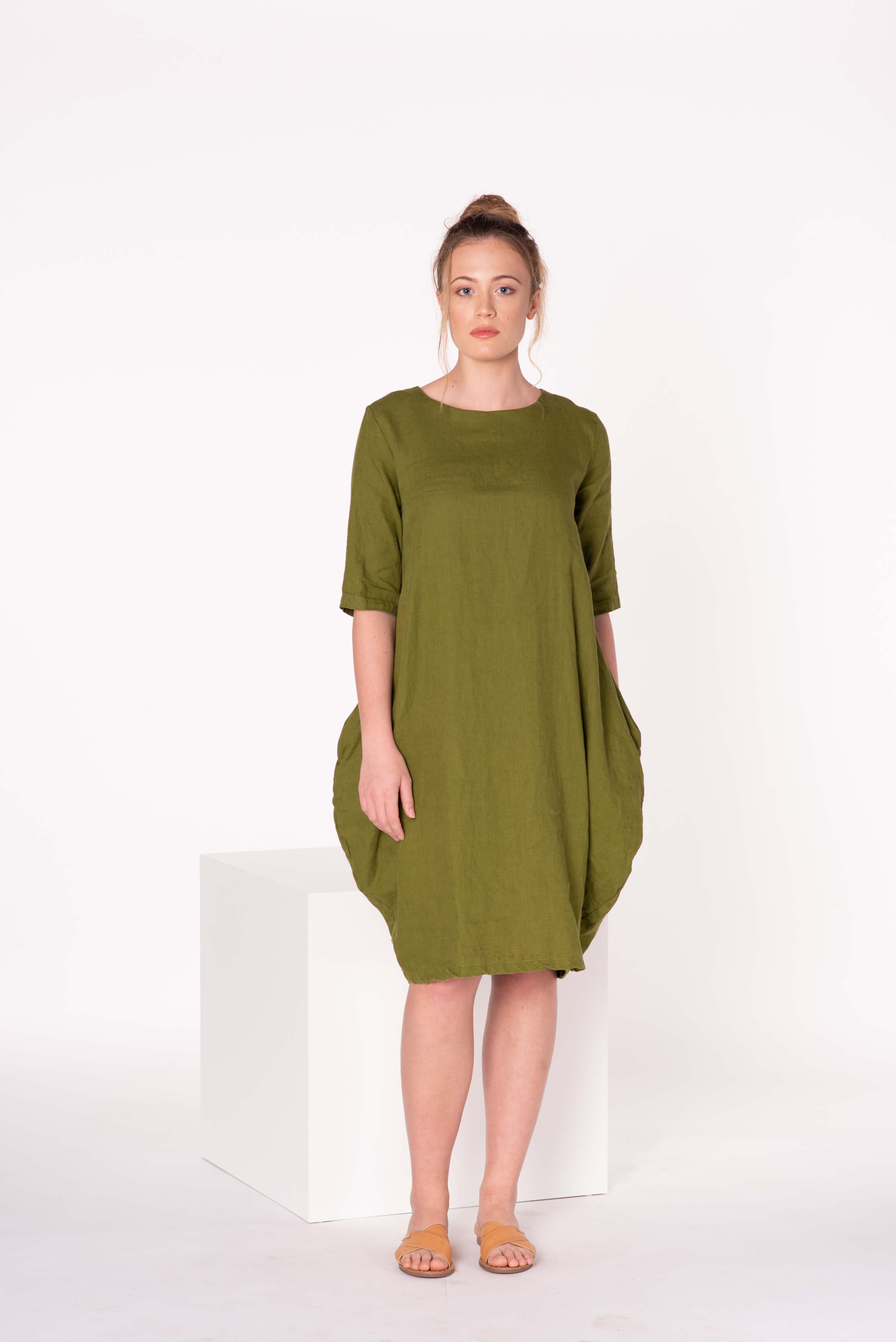 Moss Green Linen Midi Dress ANNA